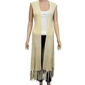 Voice Of California Duster Knit Vest L/XL Fringe Hem Open Front Festival Boho
